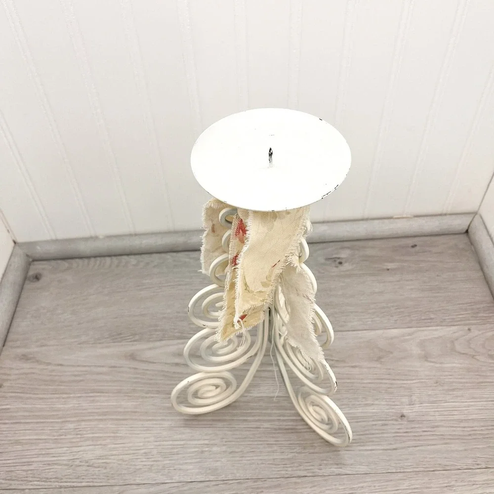 Vintage Shabby Chic Candle Holder: Weathered White Iron, Floral Burlap